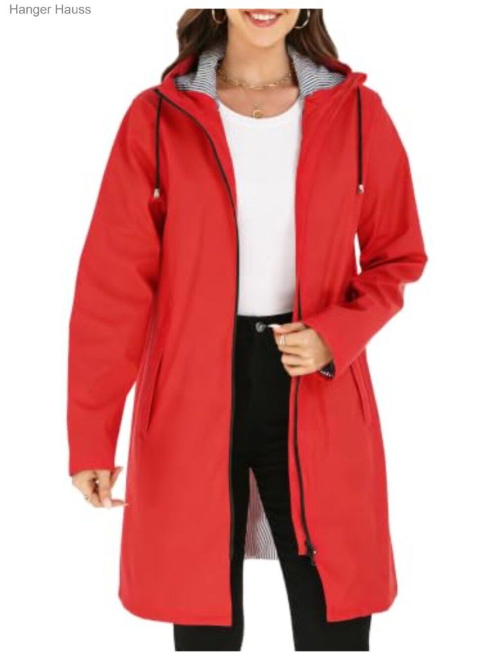 Women's Long Waterproof Rain Jacket with Hood PU Fabric Windbreaker